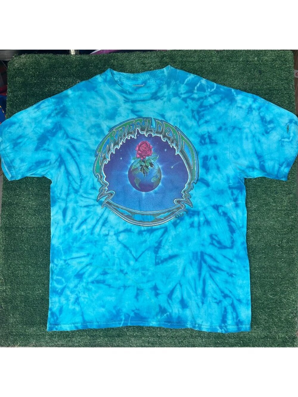 Vintage 90s Grateful Dead Earth Rose T-Shirt Blue Tie Dye XL Hippie Band Tee